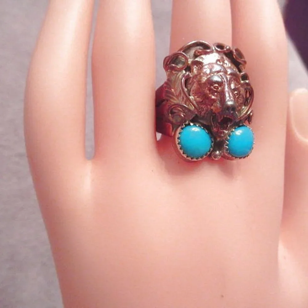 Navajo Sterling Silver Turquoise Copper Bear Ring Sz 10 Native American RB 16g
